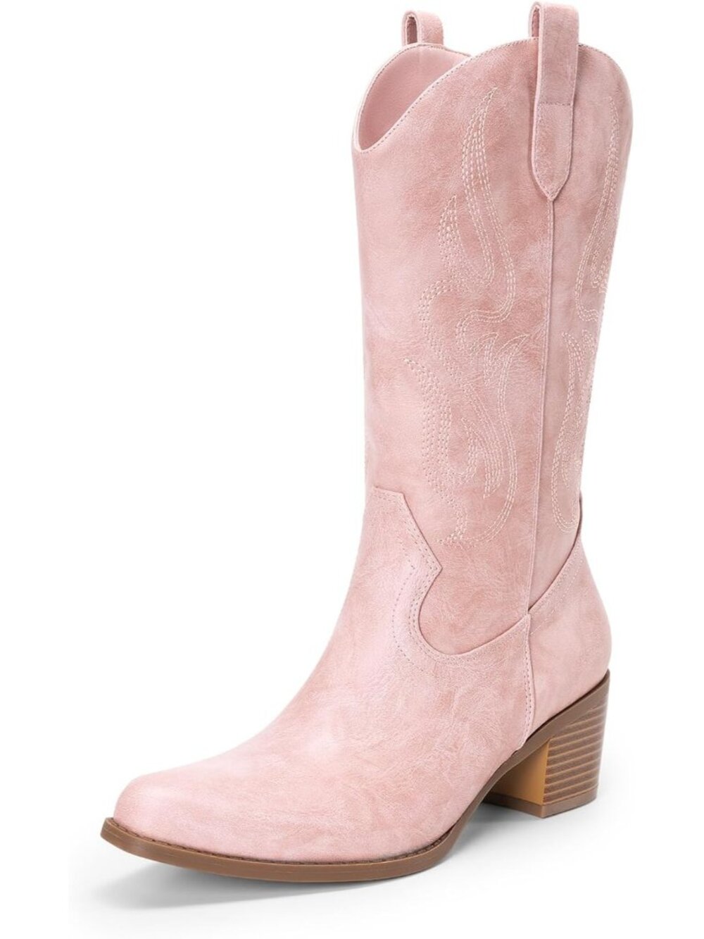 Women's Pink Faux Leather Comfort Square Toe Mid Calf Western Cowgirl Boots